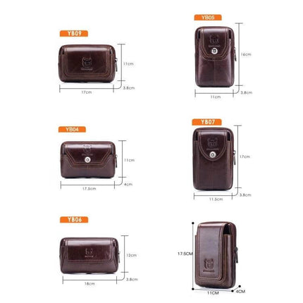 Bull Captain Leather Waist Bag For Men, Brown, Everyday Errands - brown cowhide leather waist bag with multiple size views and measurements