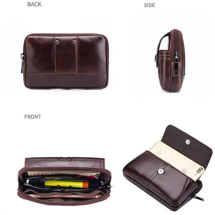 Bull Captain Leather Waist Bag For Men, Brown, Everyday Errands - compact cowhide leather waist bag with magnetic buckle and organized interior for phone keys documents