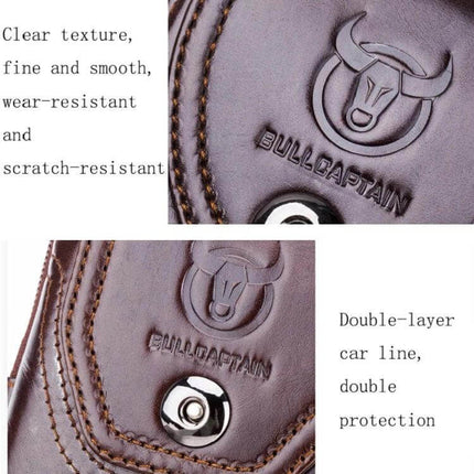 Bull Captain Leather Waist Bag For Men, Brown, Everyday Errands close-up of embossed bull logo, magnetic buckle and double-layer stitched cowhide