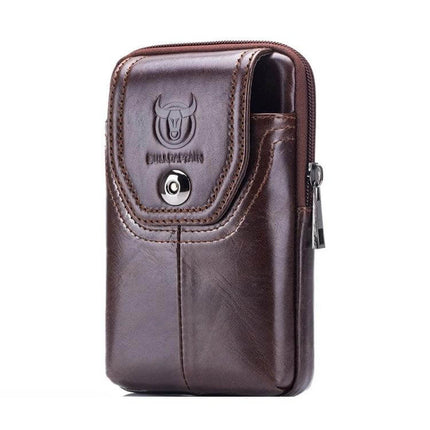 Bull Captain Leather Waist Bag For Men, Brown, Everyday Errands - compact cowhide leather waist bag with magnetic buckle and zip pocket