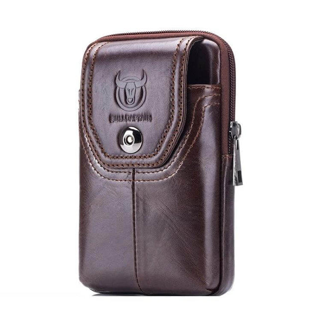 Bull Captain Leather Waist Bag For Men, Brown, Everyday Errands - compact cowhide leather waist bag with magnetic buckle and zip pocket