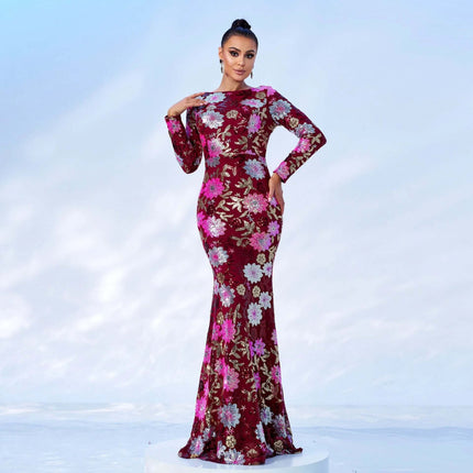 Evening Gown Sequined For Banquets And Formal Events - long-sleeve burgundy floral sequin floor-length dress