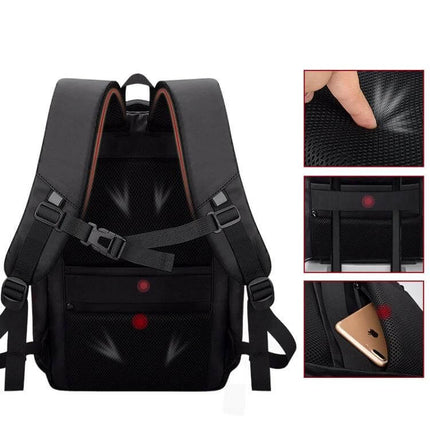 Business Casual Computer Backpack With USB Charging Port 13–17 Inch showing back view, padded straps, anti-theft pocket and external USB port