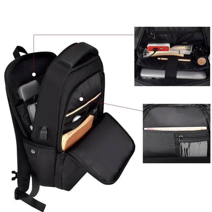 Business Casual Computer Backpack With USB Charging Port 13–17 Inch showing organized compartments, laptop sleeve, front pocket and external USB charging port