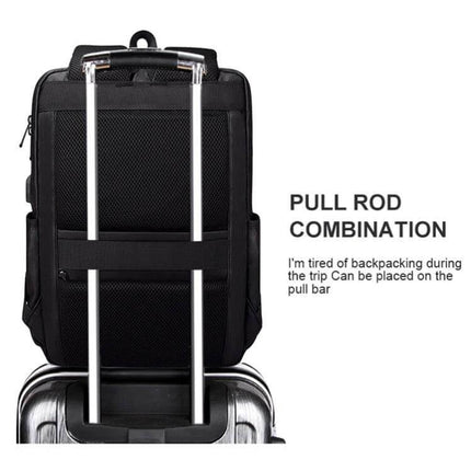 Business Casual Computer Backpack With USB Charging Port 13–17 Inch - black commuting backpack on luggage with pull rod sleeve and organized pockets
