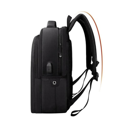 Business Casual Computer Backpack With USB Charging Port 13–17 Inch black side view with external USB port and organized compartments