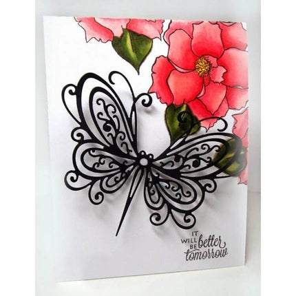 Butterfly Stencil For DIY Greeting Cards Simple Everyday Crafting carbon steel embossing butterfly on floral card, compact silver stencil for crafts