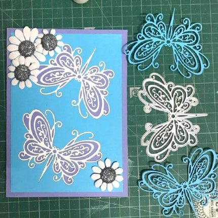 Butterfly Stencil For DIY Greeting Cards Simple Everyday Crafting carbon steel embossing tool showing textured butterfly card and metal stencil pieces