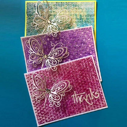 Butterfly Stencil For DIY Greeting Cards Simple Everyday Crafting carbon steel embossing butterflies on textured thank you cards