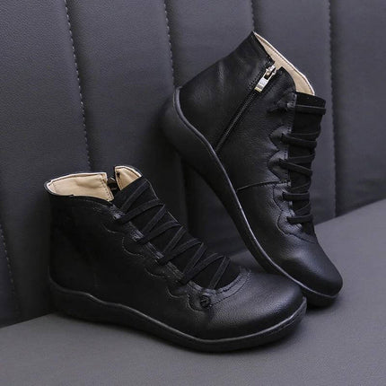 Women's Casual High Top Short Boots With Low Heel Round Toe in black PU with side zipper and low heel for city commuting
