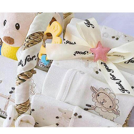 Infant Unisex Clothes Set for Autumn and Winter Gift Box with soft cotton essentials and accessories in a cozy gift basket