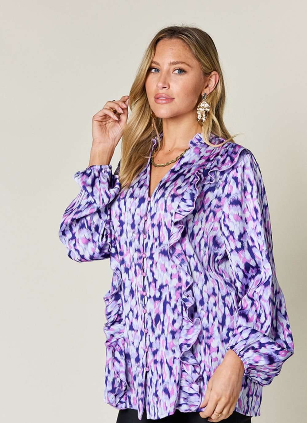 Printed Ruffle Trim Balloon Sleeve Blouse in Full Size