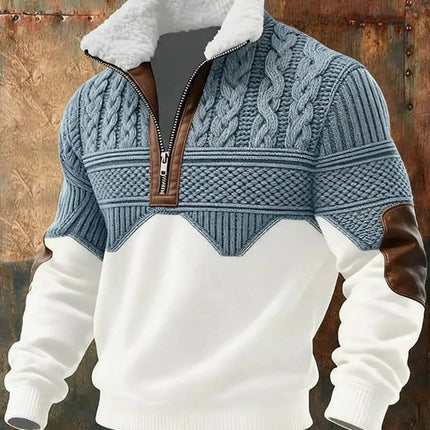 Versatile Slim-Fit Men's Hoodie for Everyday Winter Outings - slim pullover with cable knit yoke, sherpa collar, zip placket and contrast elbow patches