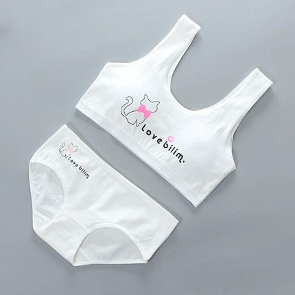 Girls' Pure Cotton Vest Bra Set for Everyday Comfort white cotton two-piece vest and brief set with cat print