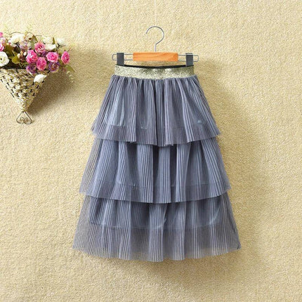 Cotton Korean Style Summer Skirt for Young Girls, Sizes for 90-150cm - layered gray pleated tiered skirt on hanger for toddlers and pre-teens