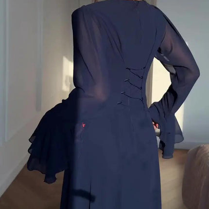 Navy Blue Trumpet Sleeve Tie Maxi Dress For Everyday Wear
