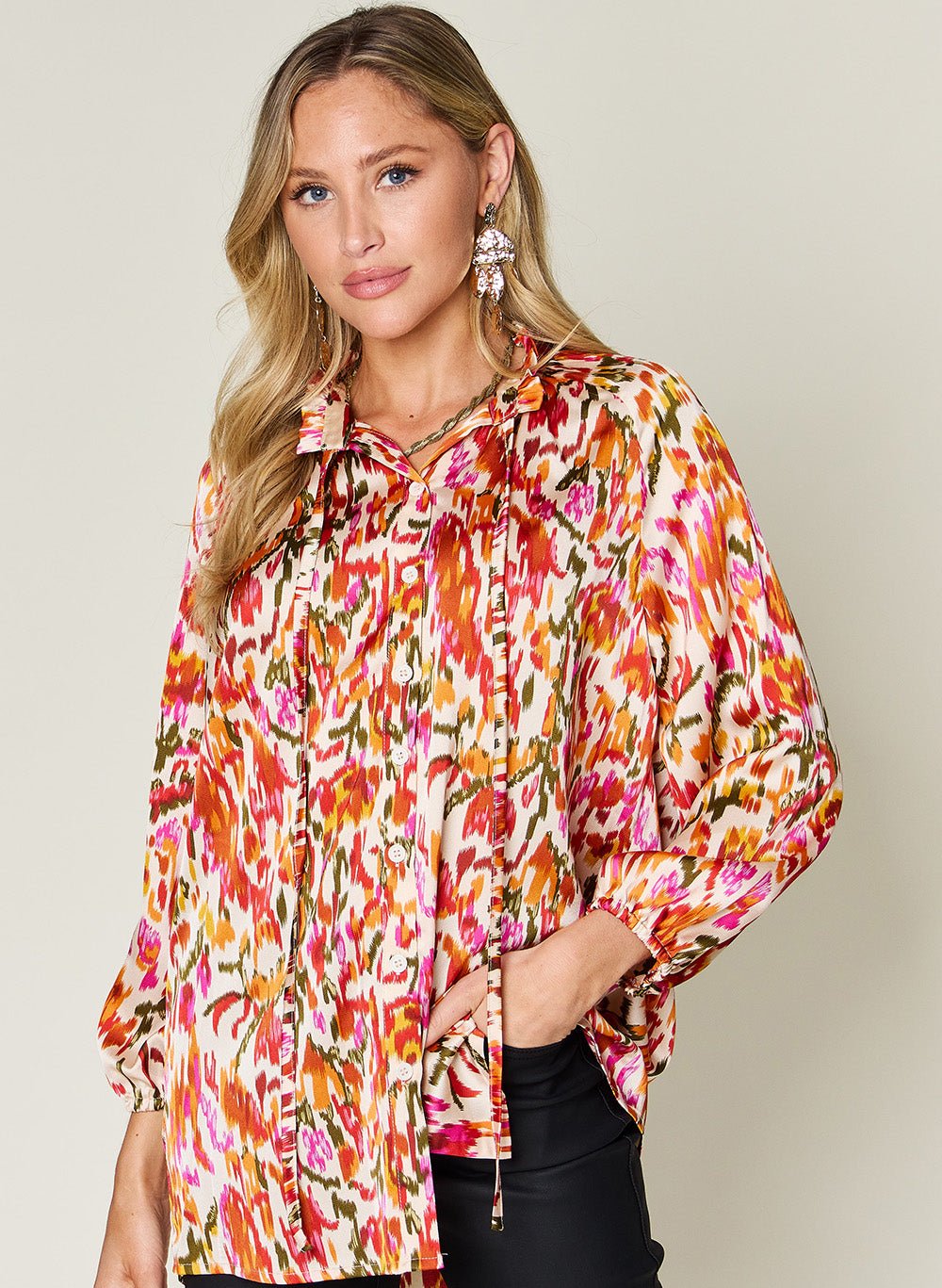 Double Take Full Size Printed Button Up Long Sleeve Shirt