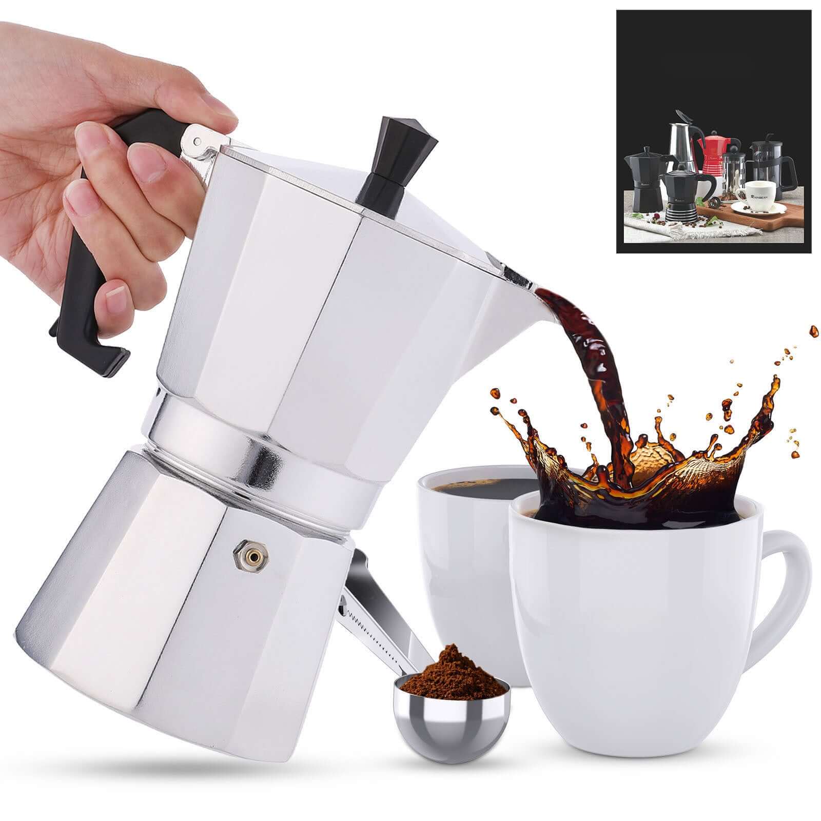 Pouring coffee from RAINBEAN 3-Cup Stovetop Moka Pot Espresso Maker into white cups - Italian coffee brewer in portable silver design