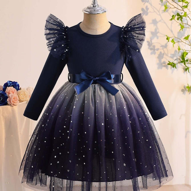 Gradient Multicolor Girls Long-Sleeve Tulle Dress with Waist Belt - navy blue tulle dress with bow and star embellishments for girls ages 3-10