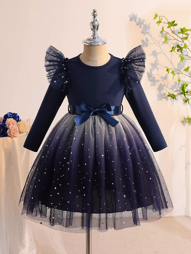 Gradient Multicolor Girls Long-Sleeve Tulle Dress with Waist Belt navy blue tulle skirt with bow and sparkles