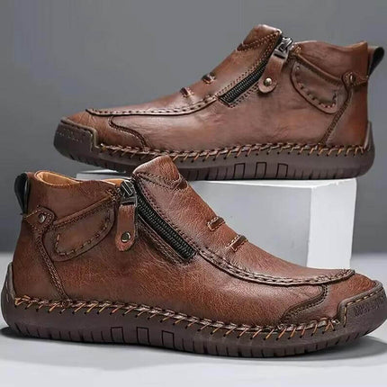 Men's Plus Size Chelsea Slip On Casual High Top Shoes brown PU leather high-top with side zippers and elastic panels for easy on-off