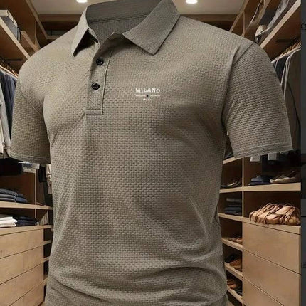 Men's Solid Color Short-Sleeved Lapel Polo Shirt for Casual Wear in olive pinhole cloth, lightweight casual polo styled with Milano chest logo