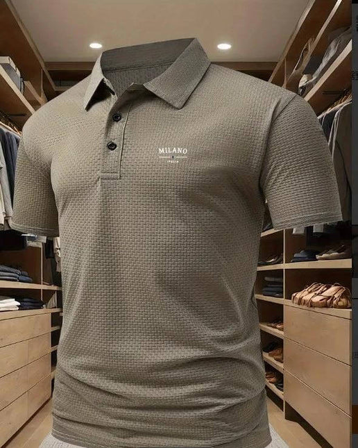 Men's Solid Color Short-Sleeved Lapel Polo Shirt for Casual Wear in olive pinhole cloth, lightweight casual polo styled with Milano chest logo