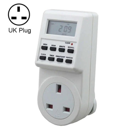 Smart Programmable Plug Timer With LCD Clock And UK Plug showing LCD display and buttons for weekly scheduling and random security mode