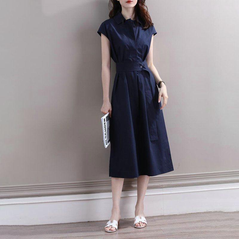 Navy Blue A-Line Waist Slimming Dress for Women