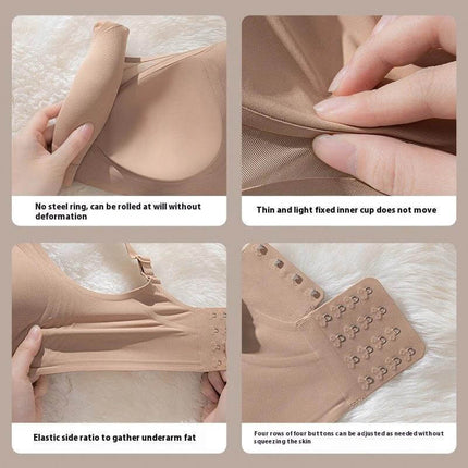 Comfortable Seamless Push-Up Bra with Nylon Fabric for Women, beige seamless nylon bra showing rollable cups, fixed double-shoulder straps, and adjustable hook-and-eye back