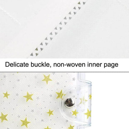 CAIUL 3 Inch PVC Photo Album, Large Capacity for Memories showing white non-woven inner pages and clear PU cover with star print and delicate buckle