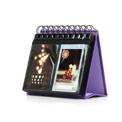 Calendar Style Desktop Standing Folder Album 68 Photos - purple desk photo display with spiral binding and clear pockets