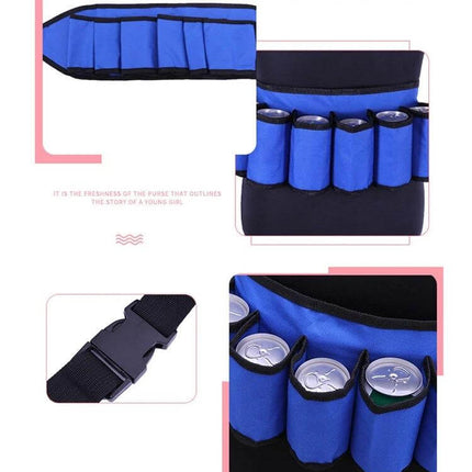 Portable Outdoor Beer Belt for Hiking and Travel Camouflage carrying six cans in blue camouflage waist holster for hands-free hiking and camping