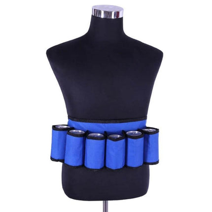 Portable Outdoor Beer Belt for Hiking and Travel Camouflage - blue six-can waist holster shown on mannequin for hands-free camping and hiking