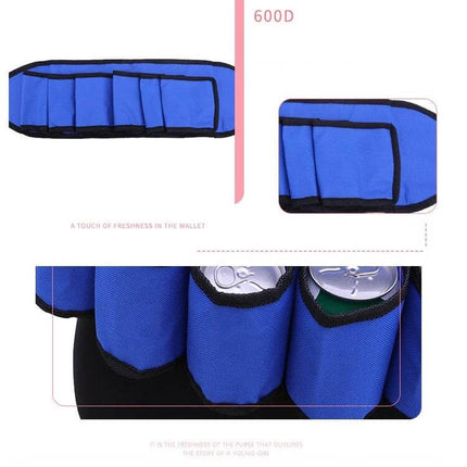 Portable Outdoor Beer Belt for Hiking and Travel Camouflage blue six-can waist holster shown close-up with cans visible