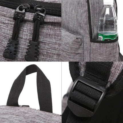 Canvas Laptop Bag And Backpack For 13.3 Inch Laptops showing grey canvas fabric, zipper pulls, water bottle pocket and adjustable strap details