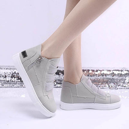 Canvas Flat Walking Shoes For Women With Side Zipper Closure in light grey canvas, flat rubber sole, side zipper for easy on/off