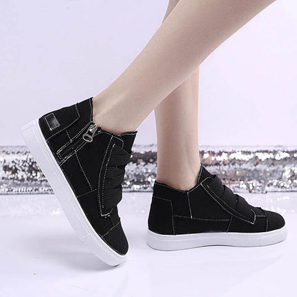 Canvas Flat Walking Shoes For Women With Side Zipper Closure black canvas low-profile flats with side zipper and white rubber sole
