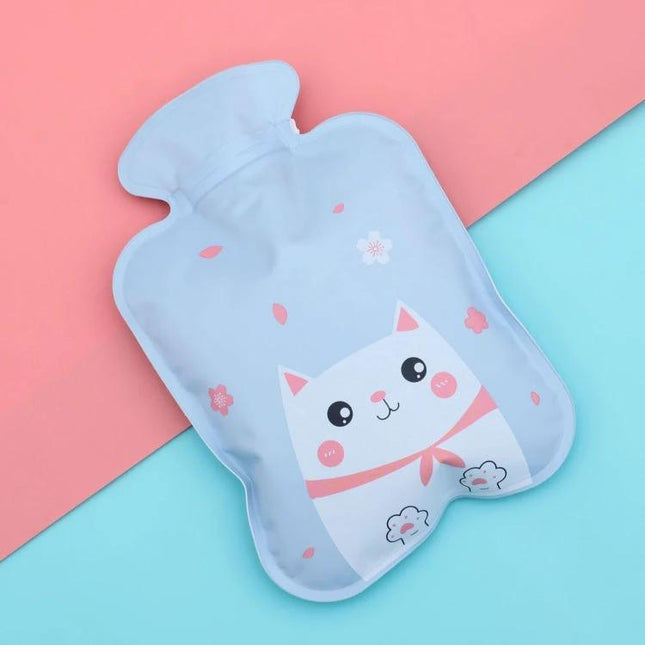 Cartoon Water Filled Hot Water Bag Small 280ml PVC with cute cat design on blue-pink background, PVC water-injection hot water bottle for warmth and comfort