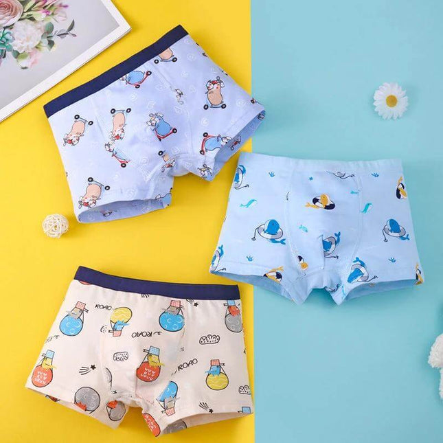 Cartoon Cotton Breathable Boy Underwear For Daily Wear Ages 3 To 8 - 3-pack kids cotton briefs with playful scooter and animal prints, breathable for school and play