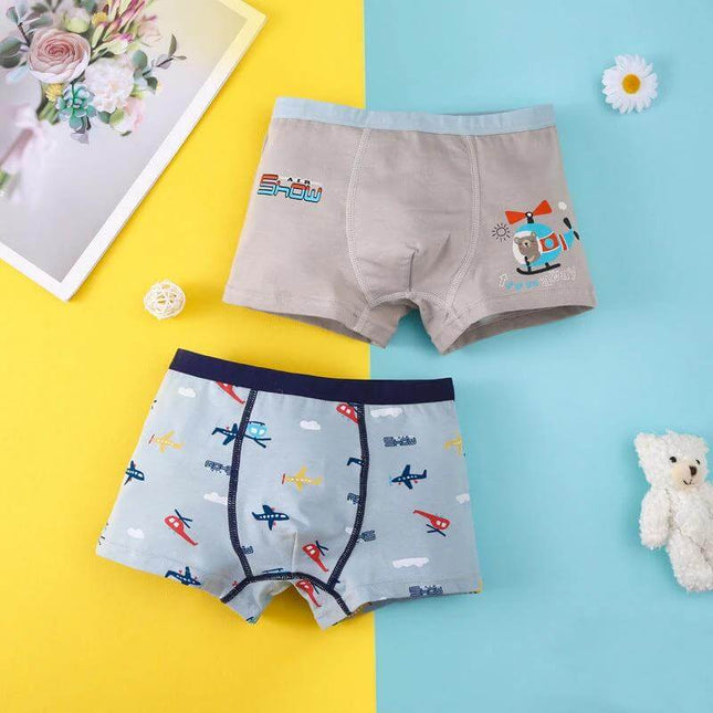 Cartoon Cotton Breathable Boy Underwear For Daily Wear Ages 3 To 8 - two cotton boys' briefs with airplane and fox cartoons, breathable 95% cotton, sizes 3–8