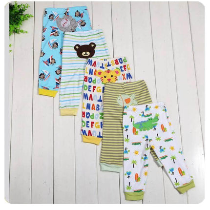 Cartoon Print Leggings 5-Pack Soft Everyday Wear For Babies - five cotton-rich baby leggings with cartoon and animal prints, elastic waistband, diaper-friendly cut