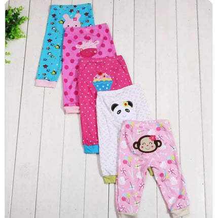 Cartoon Print Leggings 5-Pack Soft Everyday Wear For Babies - five colorful cotton-rich baby leggings with cartoon animal and cupcake prints
