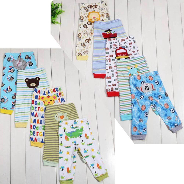 Cartoon Print Leggings 5-Pack Soft Everyday Wear For Babies - cotton-rich baby leggings set with cartoon and animal motifs, elastic waistband, diaper-friendly cut