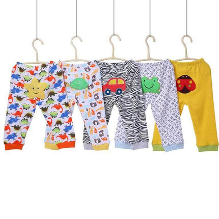 Cartoon Print Leggings 5-Pack Soft Everyday Wear For Babies hanging set of five cotton-rich baby leggings with cartoon and animal motifs
