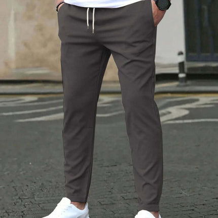 Casual Cropped Straight Pants For Leisure In Solid Black - men's polyester-blend cropped straight pants above ankle for casual outings and office-casual looks