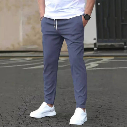 Casual Cropped Straight Pants For Leisure In Solid Black - men's cropped straight-leg leisure pants in black, polyester blend, ankle-length casual fit
