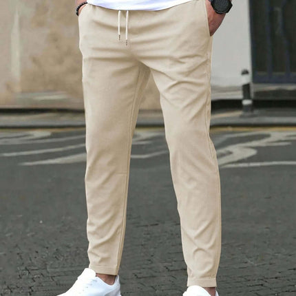 Casual Cropped Straight Pants For Leisure In Solid Black model wearing beige cropped straight pants with white sneakers, relaxed ankle-length fit