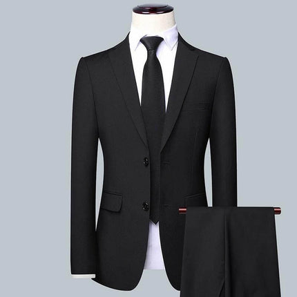 Casual Men's Suit Set Slim Fit For Wedding Occasions - black three-piece jacket vest and pants on mannequin, cotton-blend slim-fit for spring/autumn events