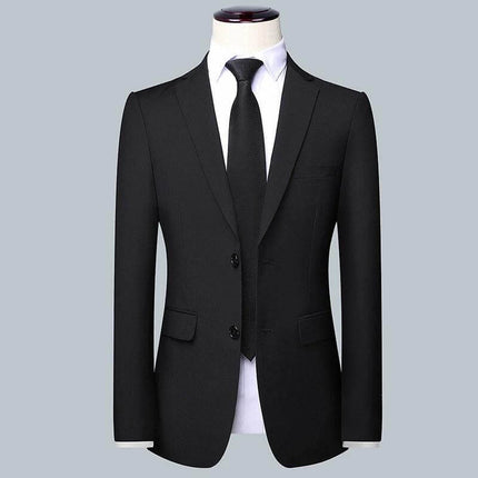 Casual Men's Suit Set Slim Fit For Wedding Occasions - black three-piece slim-fit jacket, vest, and pants on mannequin